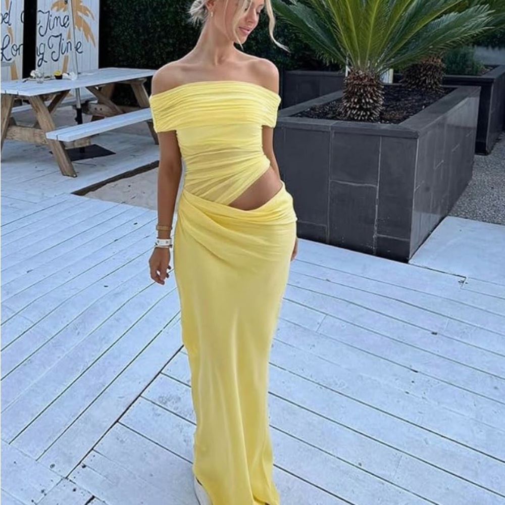Elegant Yellow Off-Shoulder mesh cut out dress